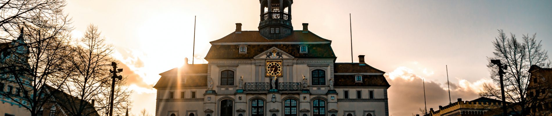 Un grand bâtiment avec une tour d'horloge au milieu d'une ville.